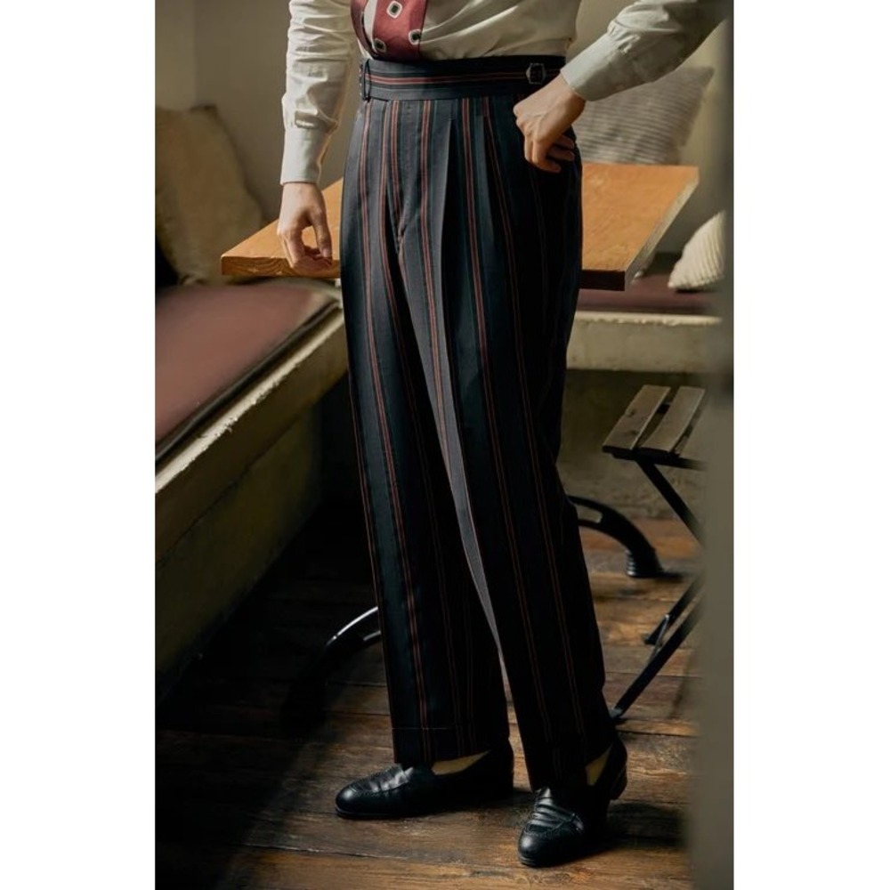 UGENTLE Time Travel Men Wool Striped Pleated Trousers High Waist Grey Red